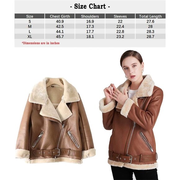 Women Brown Faux Shearling Moto Jacket Thick Lined Winter Leather Coat - Picture 2 of 6